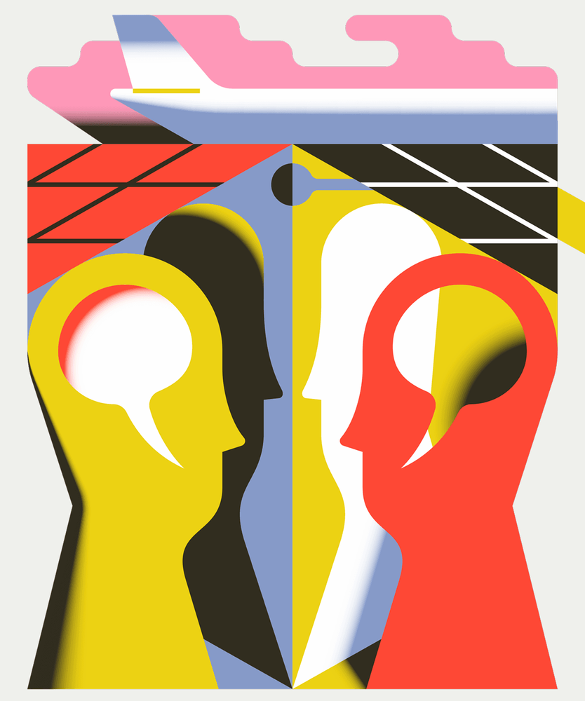 Ein gelber und ein roter Kopf mit innerer Sprechblase stehen sich gegenüber. Im Hintergrund sind zwei weitere Köpfe die sich gegenüberstehen. Im weiteren Hintergrund liegt in geometrischen Formen eine Landebahn und ein Flugzeughinterteil.