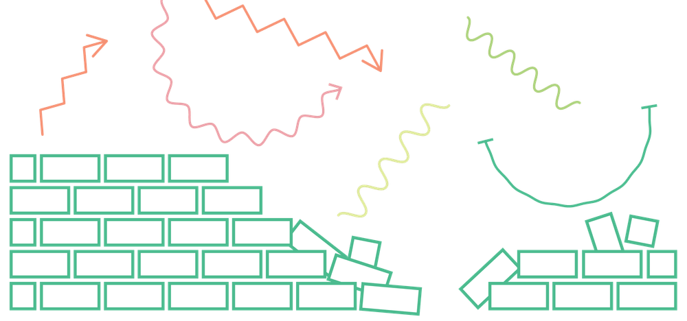 Eine grüne Backsteinmauer, die an einer Stelle kaputt ist. darüber abstrakte Formen und Pfeile, die Verbindung darstellen