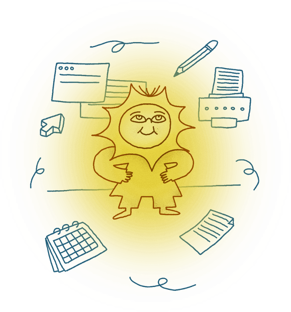 Eine glücklich lächelnde Sonne steht zwischen Büromaterialien