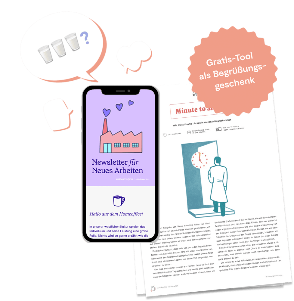 iPhone mit Newsletter für Neues Arbeiten, eine Sprechblase mit Bedürfnisgläsern, eine PDF-Tool-Abbildung des aktuellen Gratis-Tools "Minutes to Arrive" und einen Störer "Gratis-Tool als Begrüßungsgeschenk"