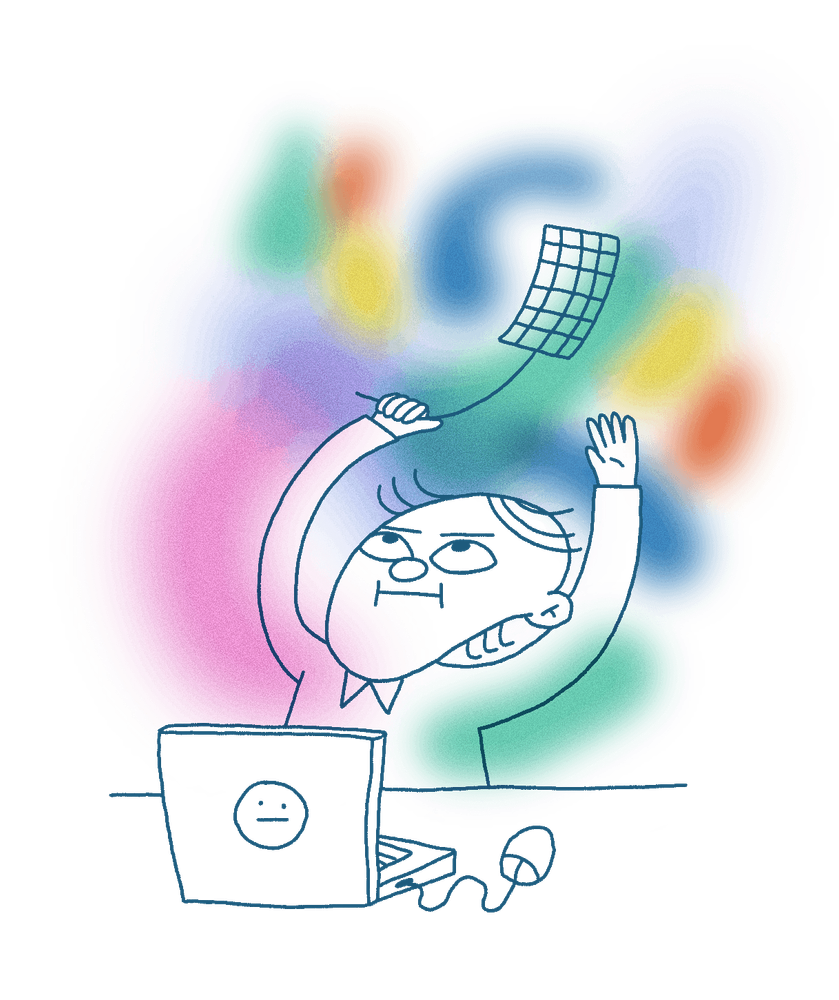 Ein Büroarbeiter sitzt vor einem Laptop und versucht, mit einer Fliegenklatsche lästige Gefühle zu vertreiben.