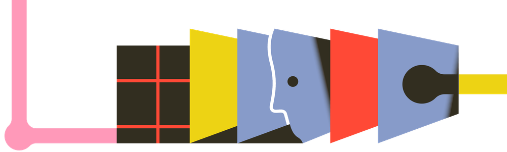 Eine Pipeline die über abstrakte, rechteckige Formenläuft. Zuerkennen in den Rechtecken sind ein Raster in Schwarz & Rot und ein Gesicht. Die Farben der Rechtecke sind Blau, Rot und Gelb.