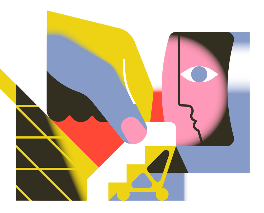 Eine große Hand bewegt und hält eine Rolltreppe auf einem Flughafen-Rollfeld an eine Flugzeugtür. Aus der Flugzeugtür sieht man ein großes Gesicht im Profil, an dem nur Mund, Nase und ein Auge erkennbar sind.