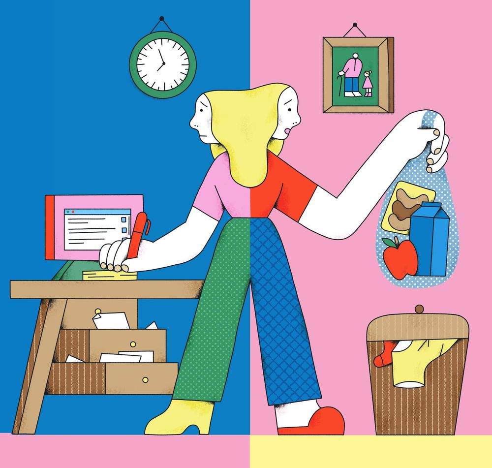 Eine weiblich gelesene Person steht in der Mitte und ist in zwei Hälften geteilt: die Linke Person arbeitet am Schreibtisch und schaut besorgt auf die Uhr. Die rechte Person hält einen Einkaufsbeutel in der Hand und steht vor einem vollen Wäschekorb.