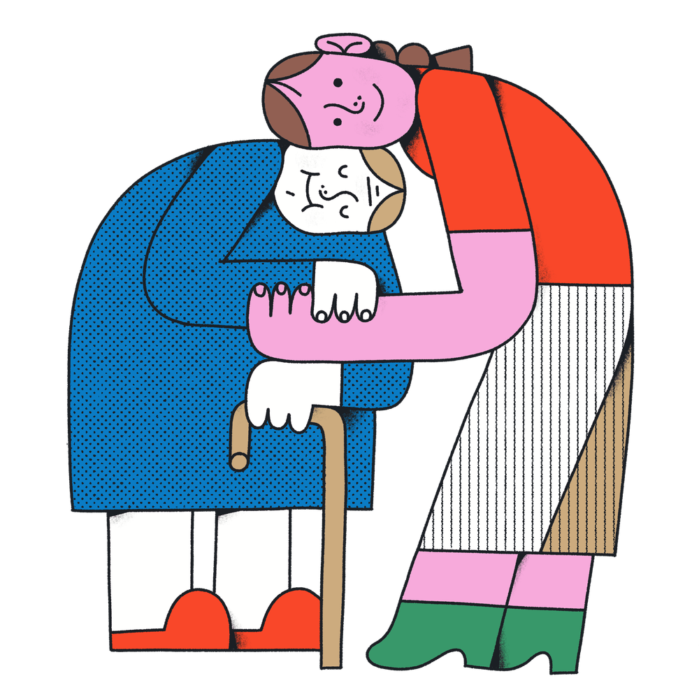 Zwei Personen halten sich leicht im Arm. Links steht eine alte Frau in blauem Kleid, die sich auf ihren Arm legt. Sie hält sich am Arm der anderen Frau fest, Die rechte Frau liegt mit ihrem Kopf auf dem Kopf der alten Frau.