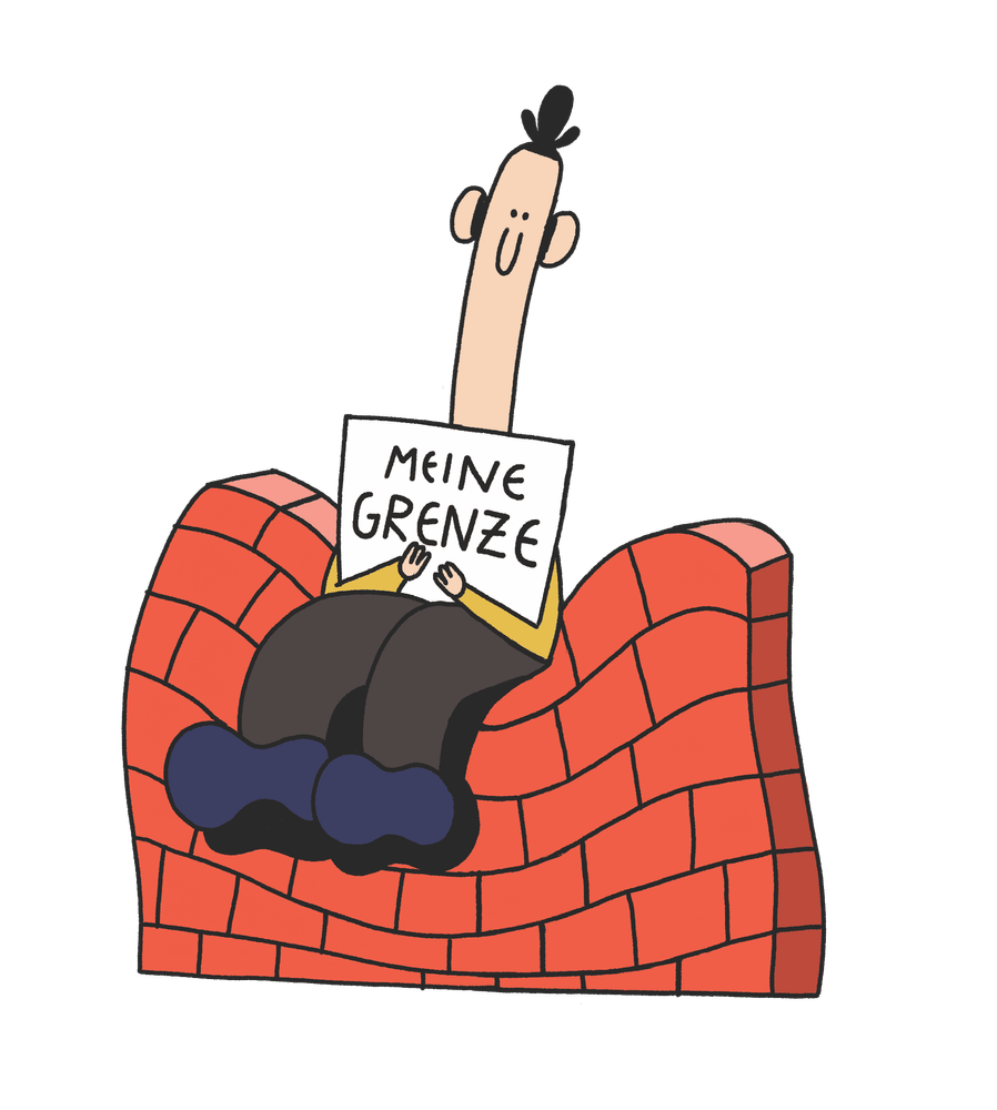Ein Männchen sitzt auf einer Grenzmauer und hält ein Schild mit der Aufschrift: Meine Grenze