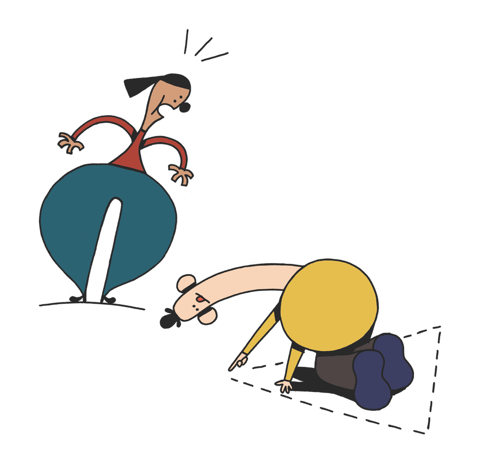 Ein Männchen malt eine Grenze in Form eines gestrichelten Dreiecks um sich herum, während eine andere Figur erbost schreit.