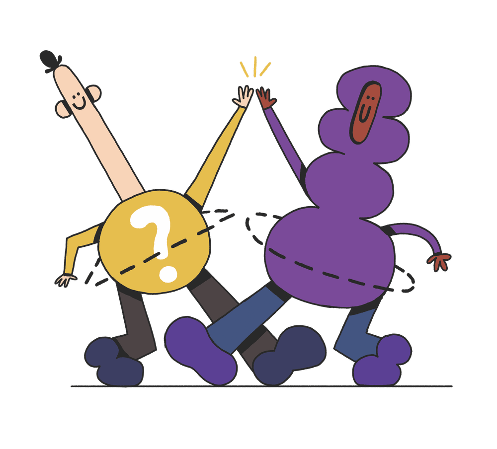 Ein Strichmännchen mit einem Fragezeichen gibt einer anderen Figur ein High five