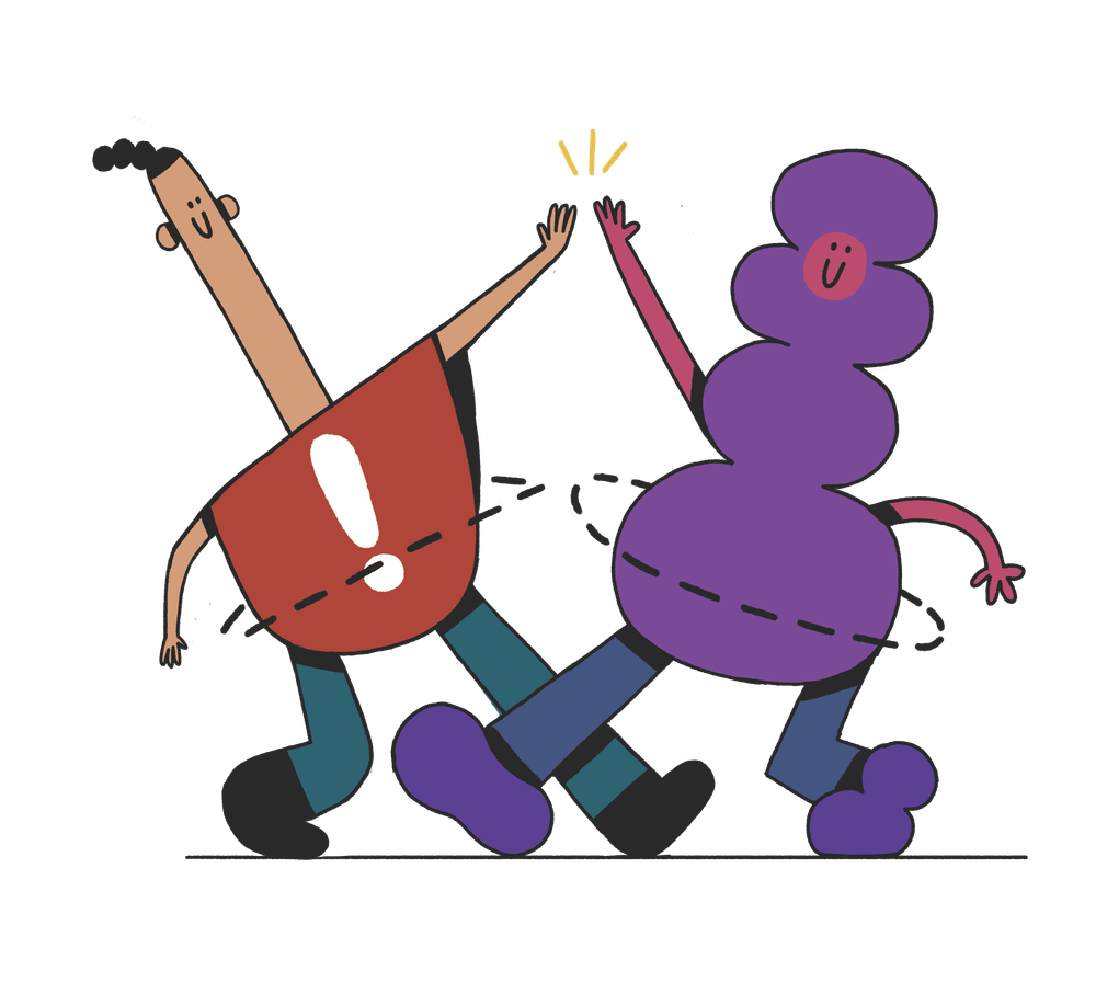 Ein Strichmännchen mit einem Ausrufezeichen gibt einer anderen Figur ein High five