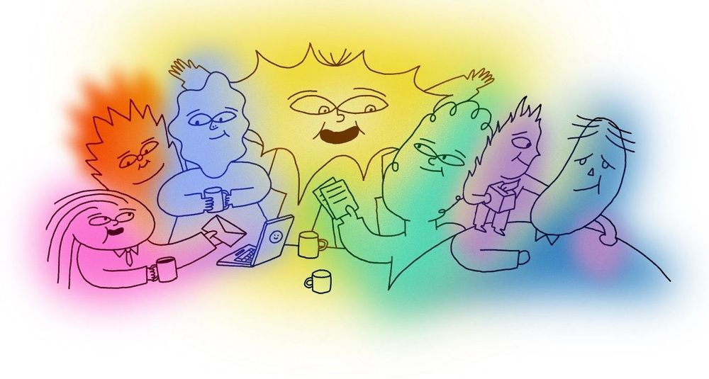 Alle Gefühle sitzen in bunten Farben an einem Schreibtisch zusammen