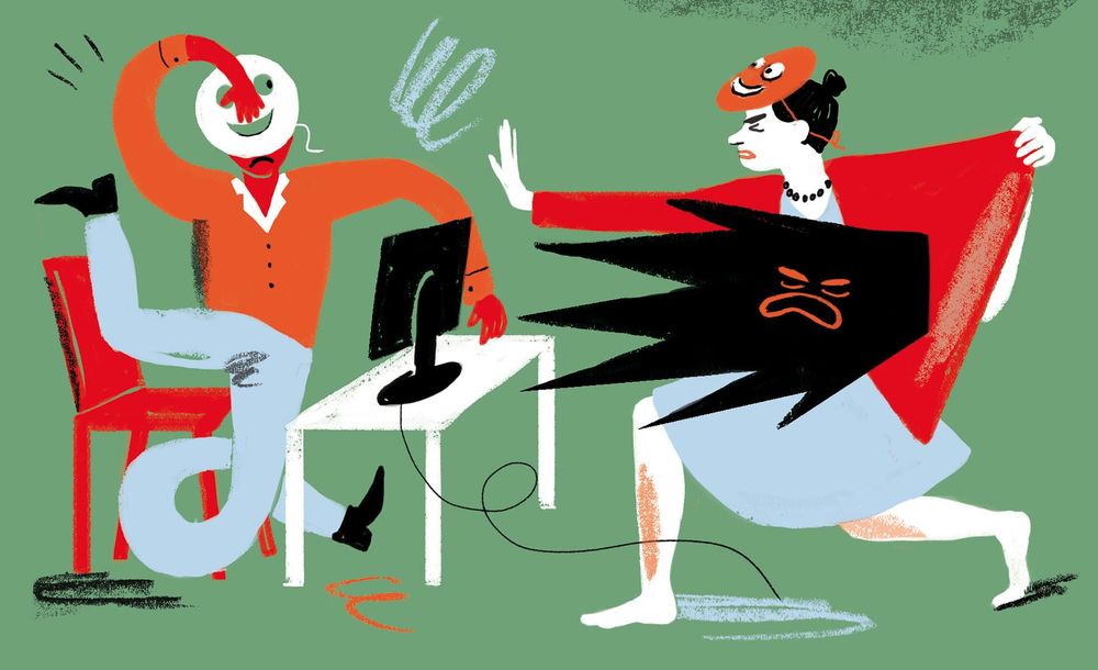 Zwei Personen, eine davon mit Maske, streiten sich am Arbeitsplatz