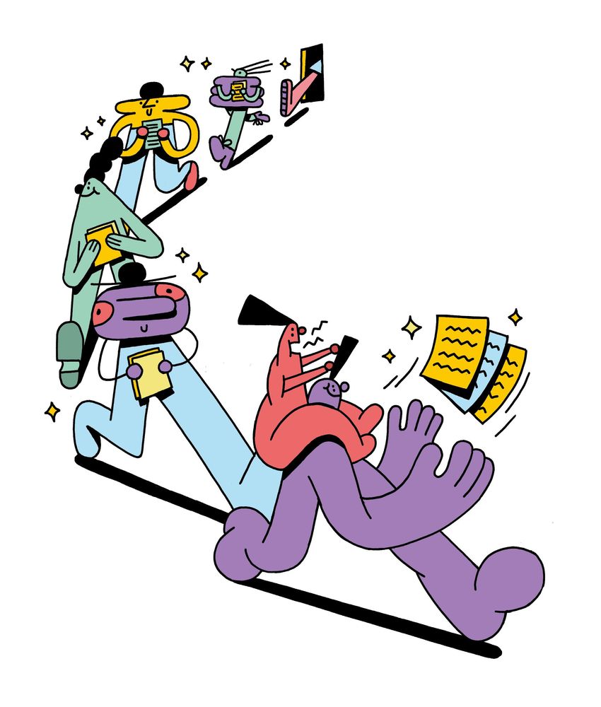 Figuren, die mit nächsten Schritten und Meeting-Notizen aus einer Meeting-Tür kommen