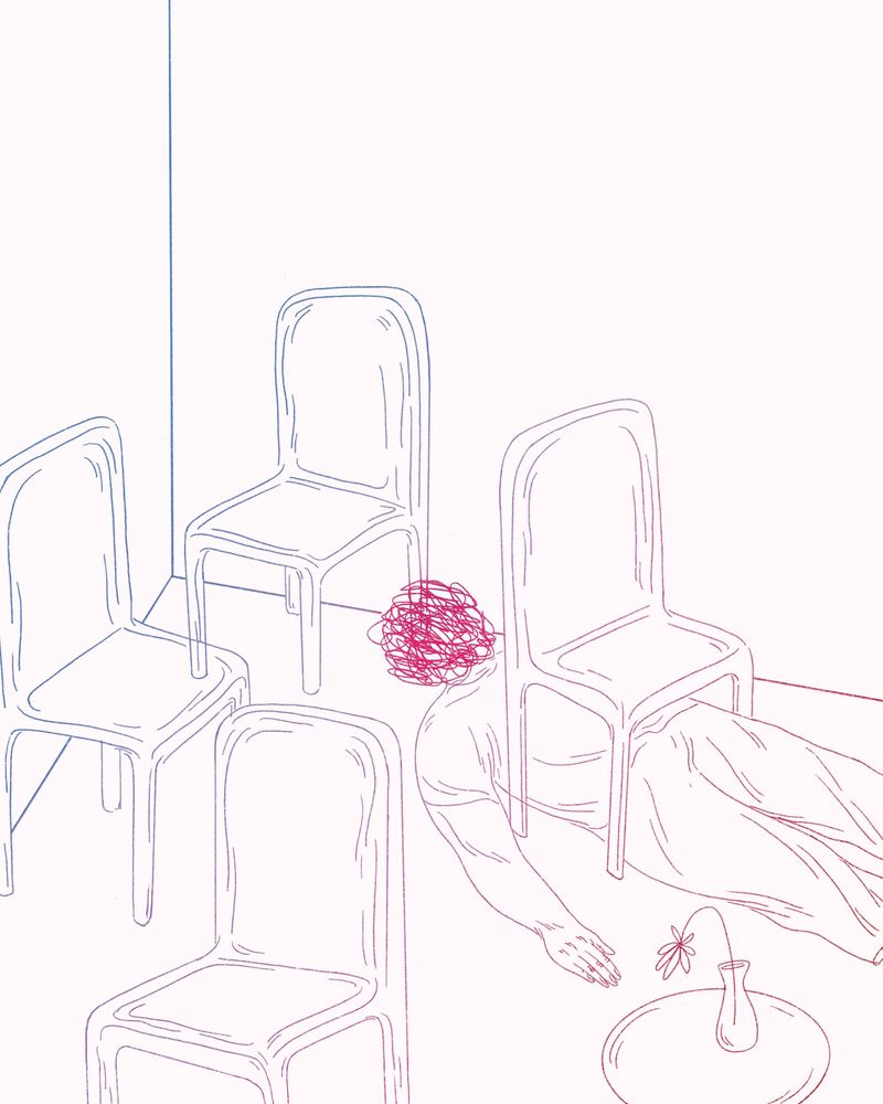 Illustration einer Figur, die unter einem Stuhl liegt