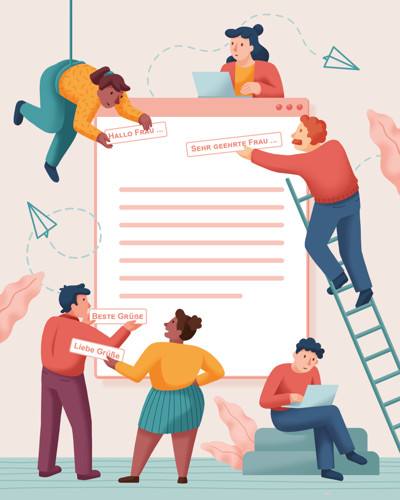 Sechs Personen, die um eine Botschaft herum versammelt sind und an ihr arbeiten