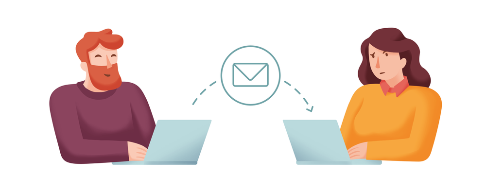Zwei Personen, die mit je einem Laptop nebeneinander sitzen und sich eine Nachricht schreiben