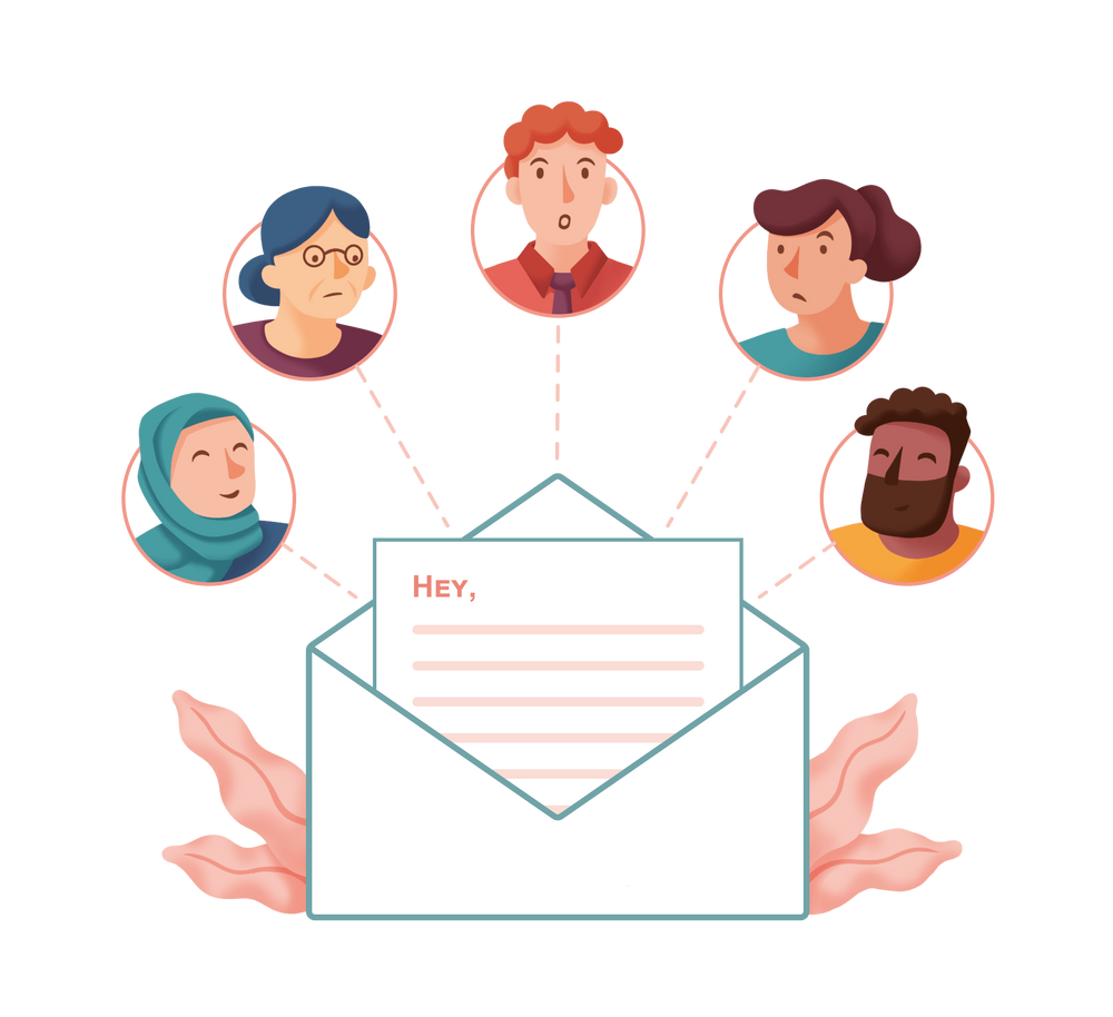 Ein Brief, der mit „Hey“ startet, mit dem durch Strichellinien fünf unterschiedliche Personen verbunden sind