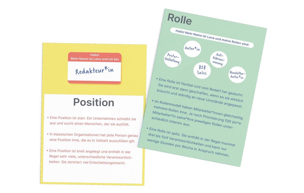 Eine Karte, auf der die Eigenschaften einer Position stehen und eine Karte, auf der die Eigenschaften einer Rolle stehen