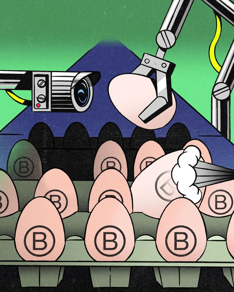 Eier mit dem Logo von B-Corp-Logo werden von einem Roboterarm vor eine Kamera gehalten.