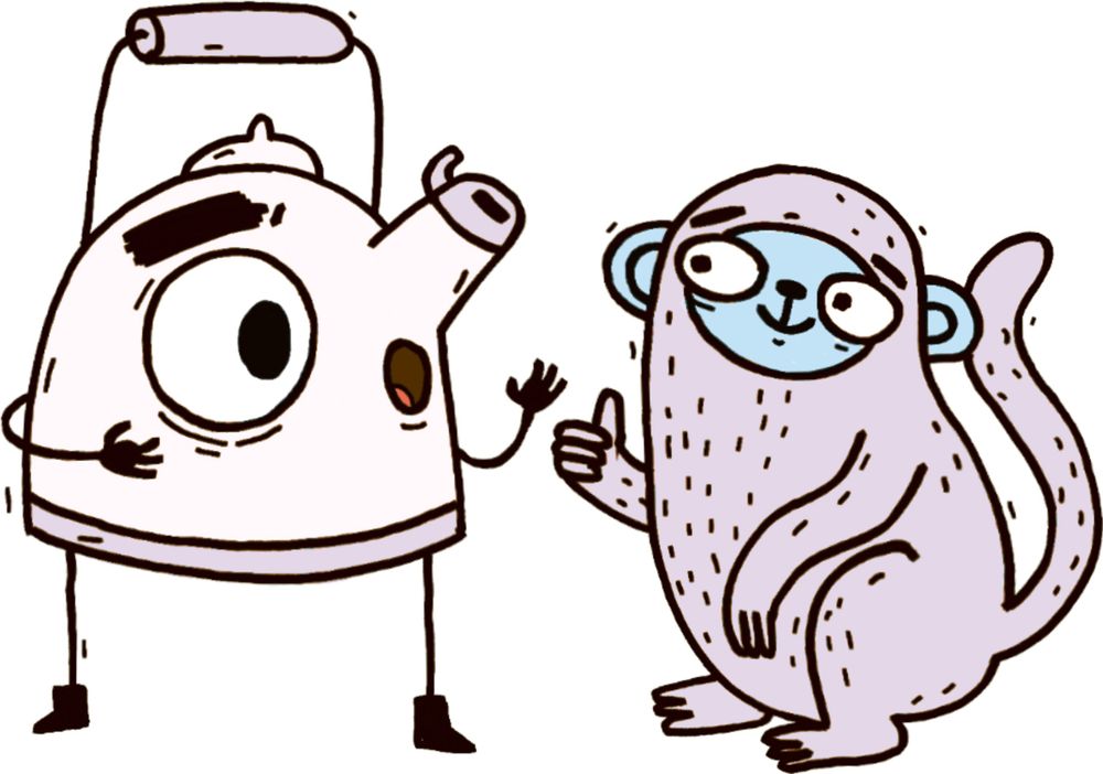 Ein Teekessel und ein entspannter Affe reden miteinander