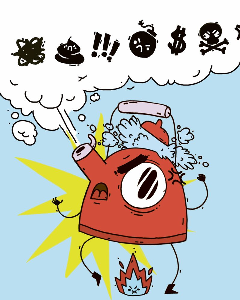Ein hochroter, stark dampfender Teekessel, dessen Dampf sich zu einer Sprechblase formiert, die mit kleinen Schimpf-Ikonografien bestückt ist
