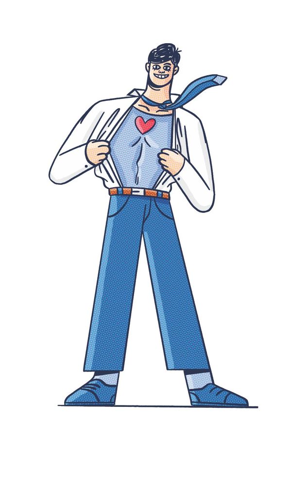 Eine Person, die unter der Arbeitskleidung ein Superhelden-Outfit trägt, auf dessen Brust ein Herz ist.