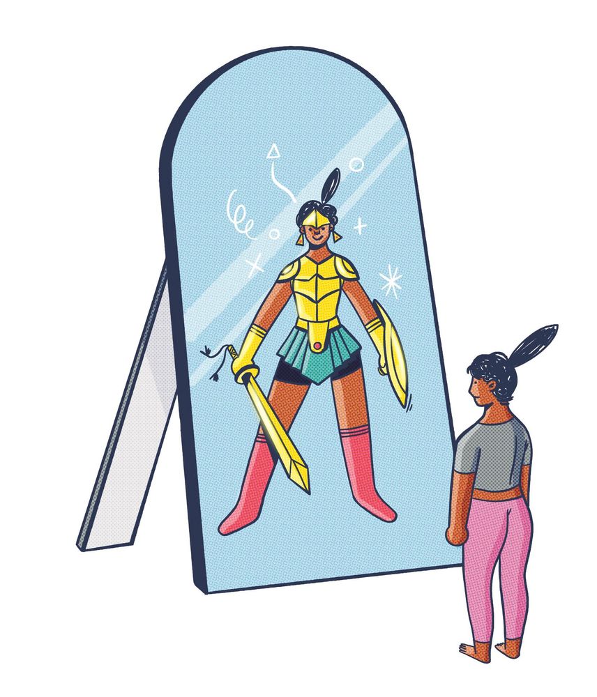 Eine Person, die sich im Spiegel anschaut und sich selbst dort als Superheldin gespiegelt sieht