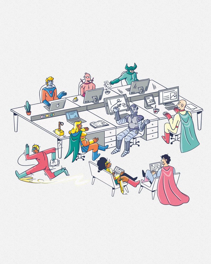 Superheld*innen in einem Großraumbüro, die ihre Kräfte nutzen