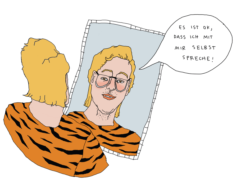 Eine Person sagt sich im Spiegel: „Es ist okay, wenn ich mit mir selbst spreche“ 