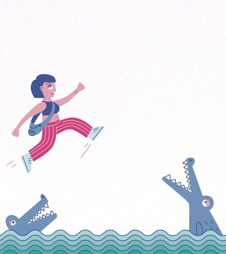 Eine Person, die über einen Fluss springt, unter ihr schnappen Krokodile nach ihr