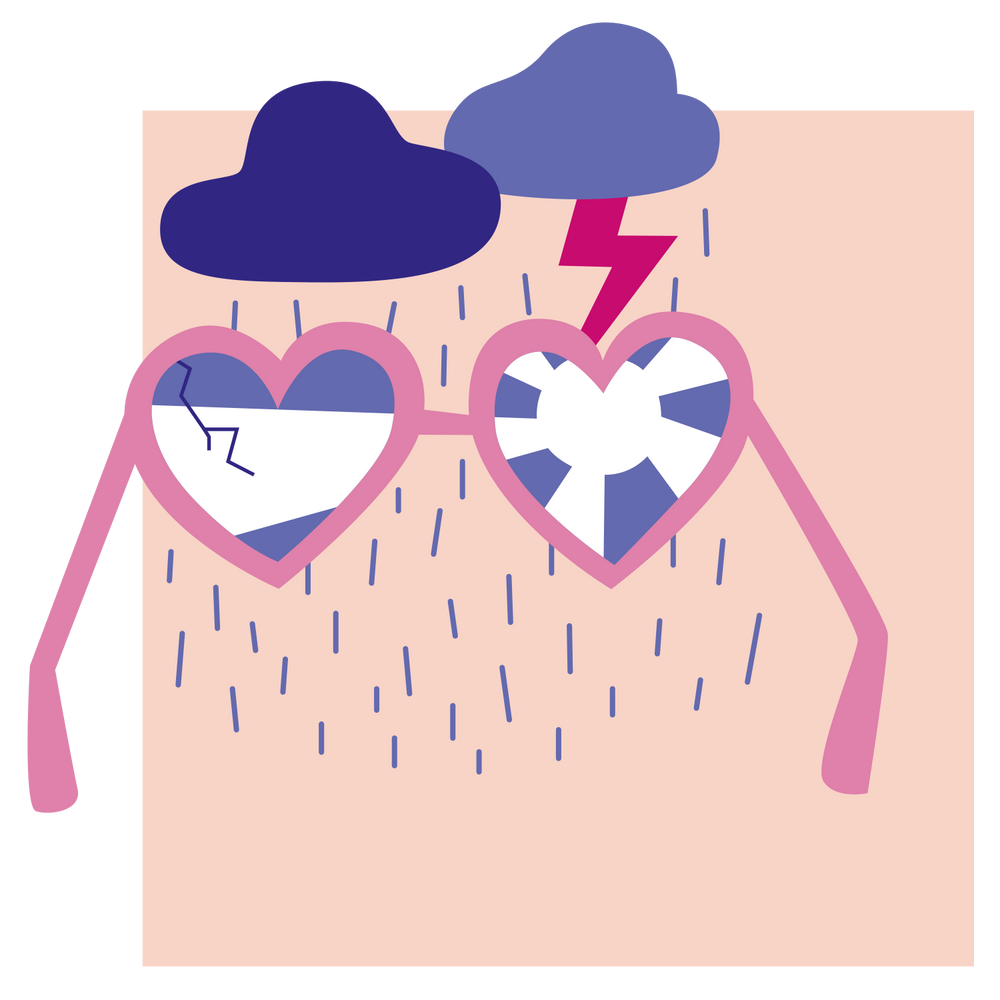 Eine rosarote Brille, die durch ein Unwetter kaputt geht
