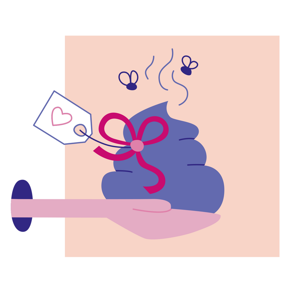 Eine Hand mit deinem Haufen Scheiße drauf, auf dem eine Schleife ist