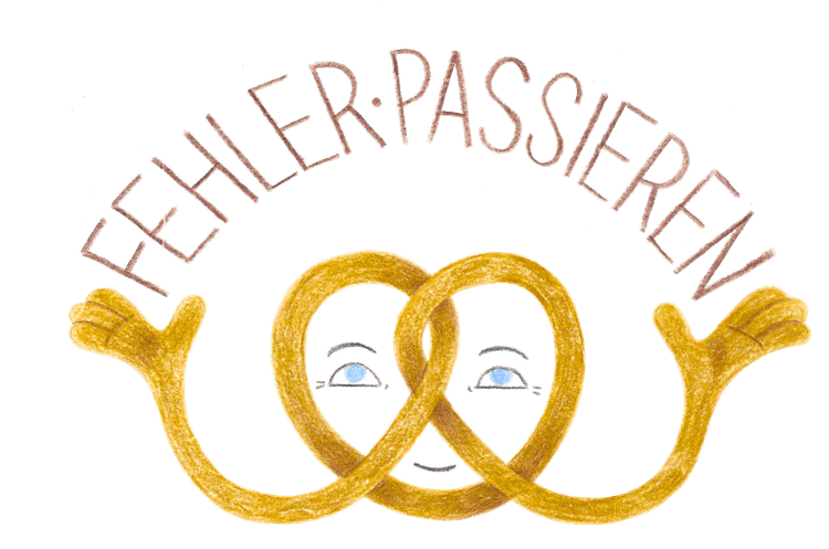 Eine Brezel mit Gesicht guckt freundlich und hält in ihren Händen ein Schild mit der Aufschrift Fehler passieren.