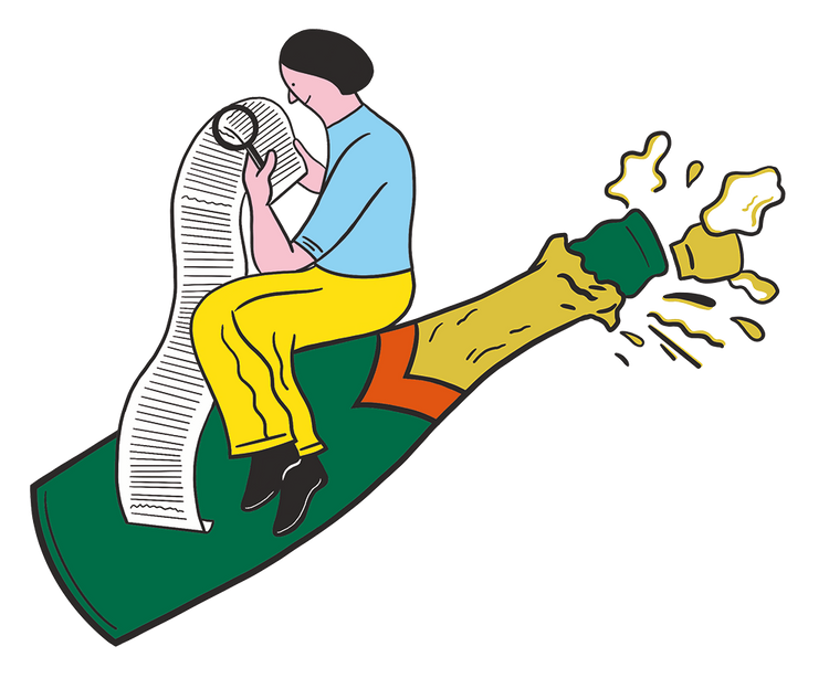 Eine Person sitzt auf einer Champagnerflasche und liest