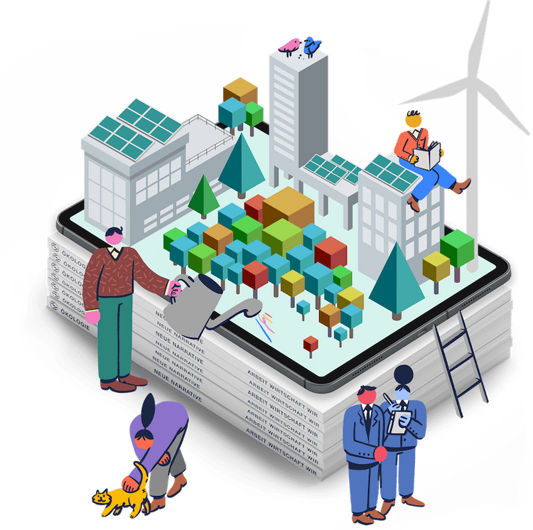 Illustration von Menschen, die um einen Stapel Magazine herum steht.