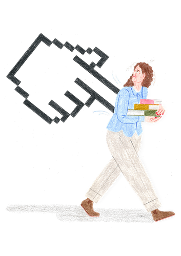 Eine riesige, imaginäre Hand pikt einer Frau in den Rücken, die einen Stapel Bücher trägt. Ihr Gesichtsausdruck ist ängstlich.