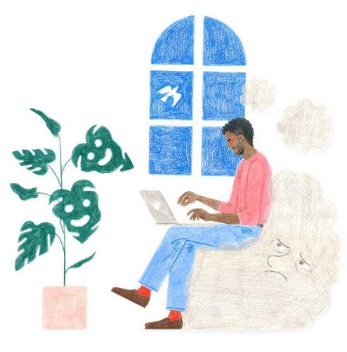 Ein Mann sitzt am Fenster und tippt auf seinem Laptops. Eine Zimmerpflanze hat freundliche Gesichter und der Sitzsack zieht eine Grimasse.