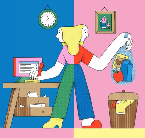 Eine weiblich gelesene Person steht in der Mitte und ist in zwei Hälften geteilt: die Linke Person arbeitet am Schreibtisch und schaut besorgt auf die Uhr. Die rechte Person hält einen Einkaufsbeutel in der Hand und steht vor einem vollen Wäschekorb.