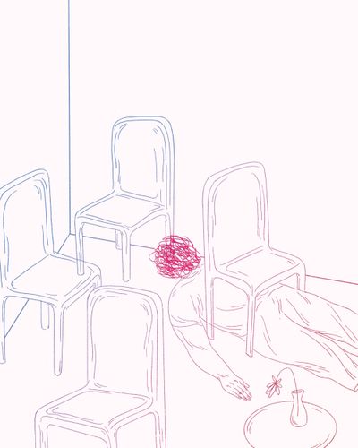 Illustration einer Figur, die unter einem Stuhl liegt