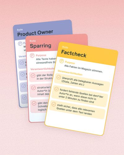 Drei Rollenkarten zu den Rollen Product Owner, Factcheck und Sparring
