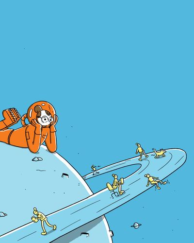 Eine Astronautin liegt auf einem Planeten und sieht auf die kleinen Menschen, die um den Planeten herumkreisen.