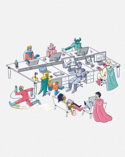 Superheld*innen in einem Großraumbüro, die ihre Kräfte nutzen