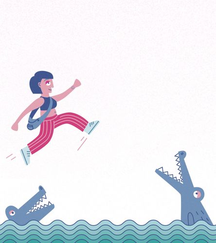 Eine Person, die über einen Fluss springt, unter ihr schnappen Krokodile nach ihr